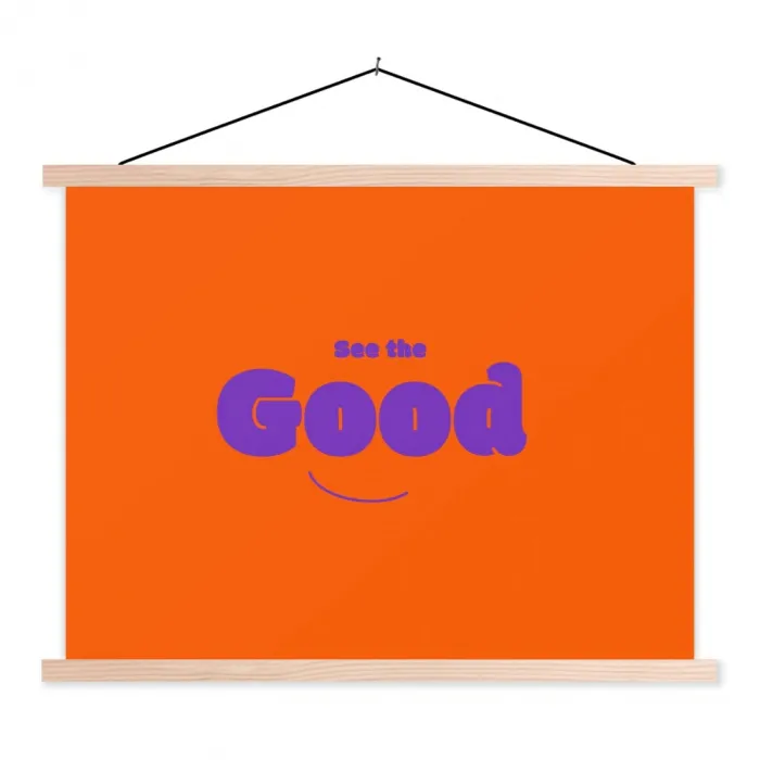 See the good - Paars - Oranje - Smiley textielposter latten blank klein -3d