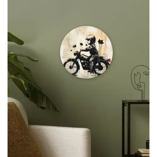 Vintage - Street art - Motor - Jongen - Graffiti - Zwart - Banksy Wandcirkel kunststof plaat 5mm dik klein -sfeer3