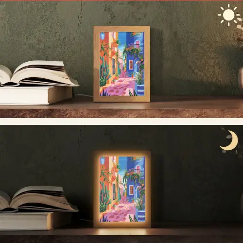 Geel - Blauw - Oranje - Huis Light Box met kabel (Tafellamp) klein -sfeer3