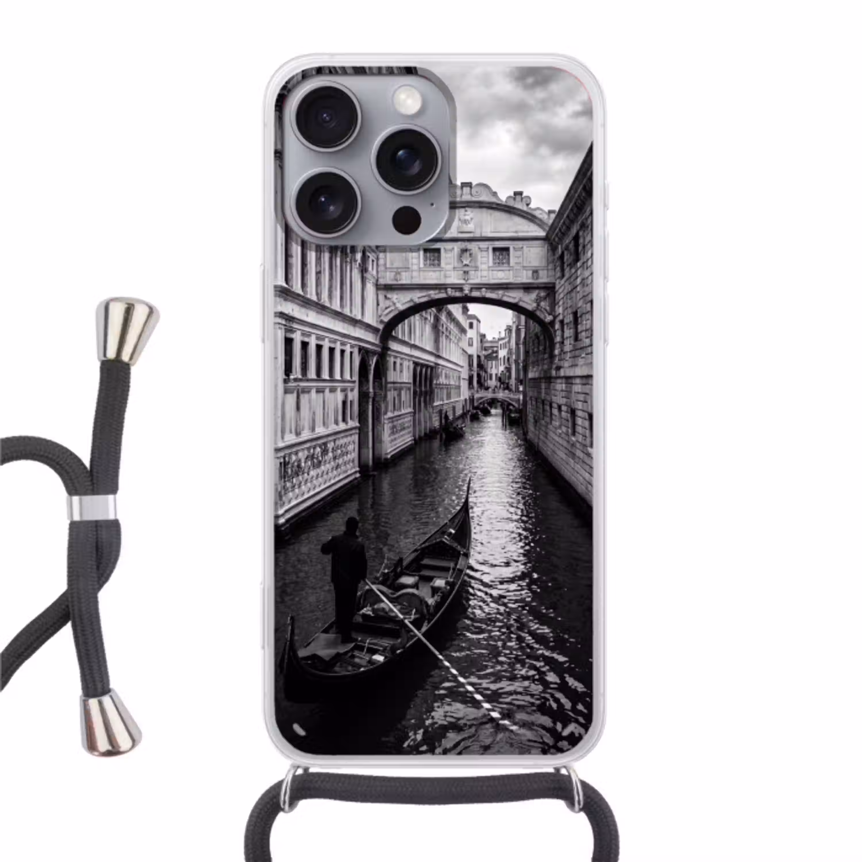 Boot - Waterweg - Stad - Zwart-wit - Architectuur Hoesje iPhone 16 Pro Max met koord klein -3d