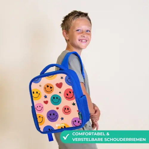 Vrolijk Smiley-patroon Kinderrugzak - Blauw middel -sfeer3_NL