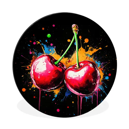 Kersen - Fruit - Graffiti - Verf - Abstract - Modern - Kleurrijk Wandcirkel aluminium klein -3d