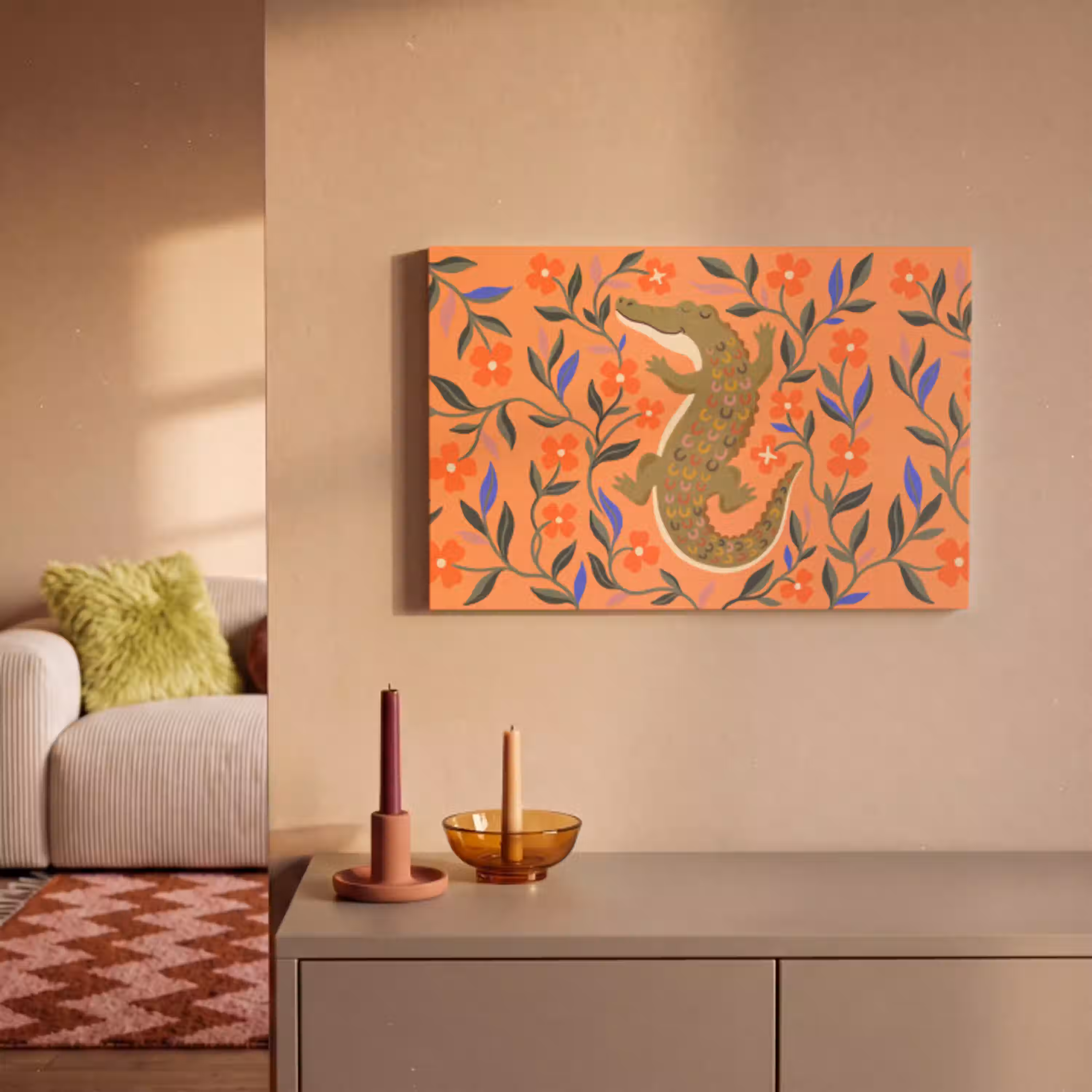 Dieren - Bloemen - Oranje - Illustratie - Natuur canvas 2cm klein -sfeer1