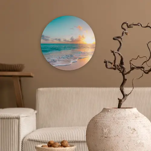 Zonsondergang - Strand - Zee - Zomer - Blauw Wandcirkel kunststof plaat 5mm dik klein -sfeer1