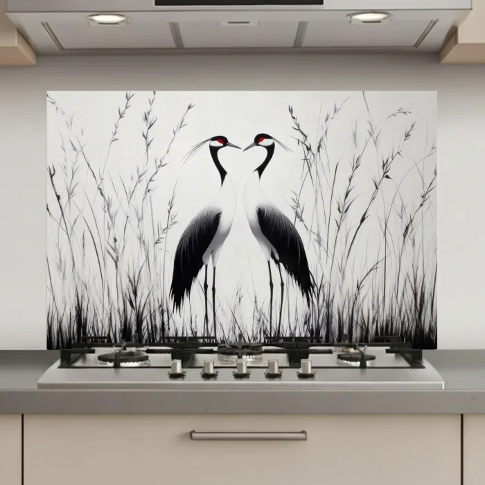 Kraanvogels - Gras - Hartvorm - Zwart keuken achterwand spatscherm klein -3d_website