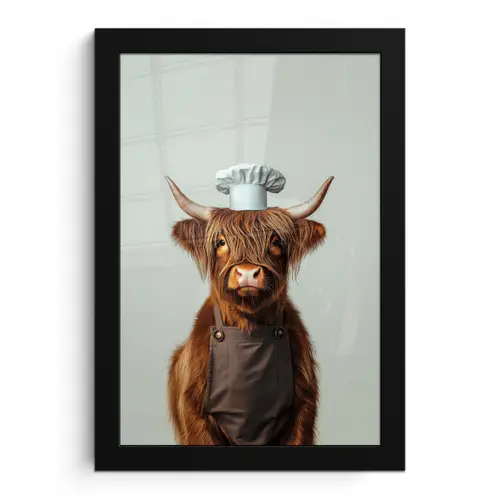 Schotse Hooglander - Bruin - Hoorns - Kokskleding fotolijst zwart zonder passe partout klein -3d