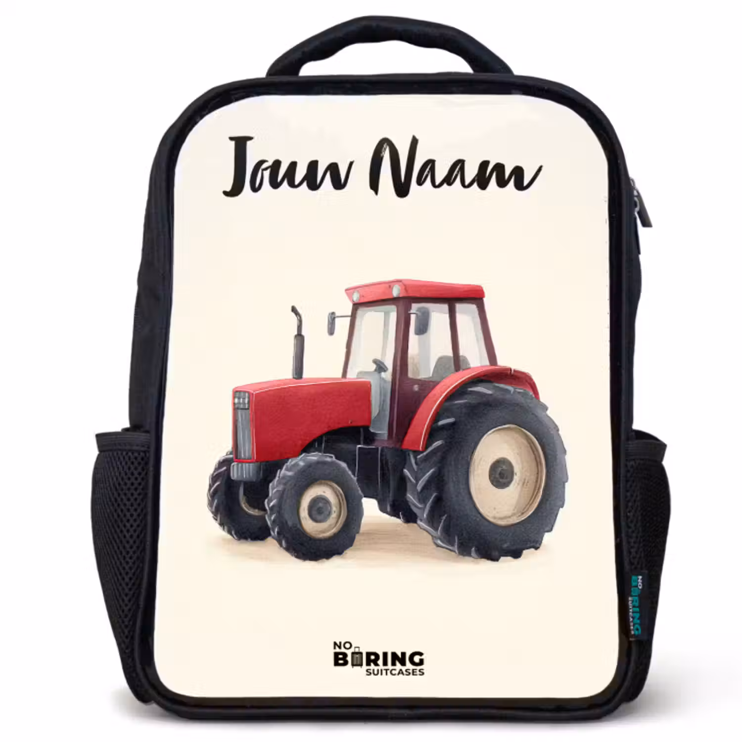Kinderrugzak met naam - Zwart - Tractor - Getekend - Rood