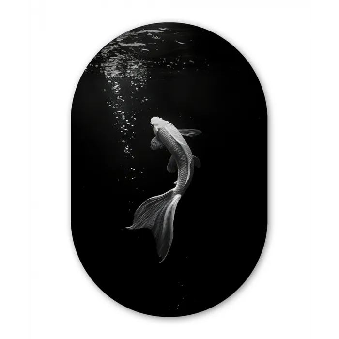 Koi - Vis - Wit - Zwart Wandcirkel Ovaal Glas middel -3d