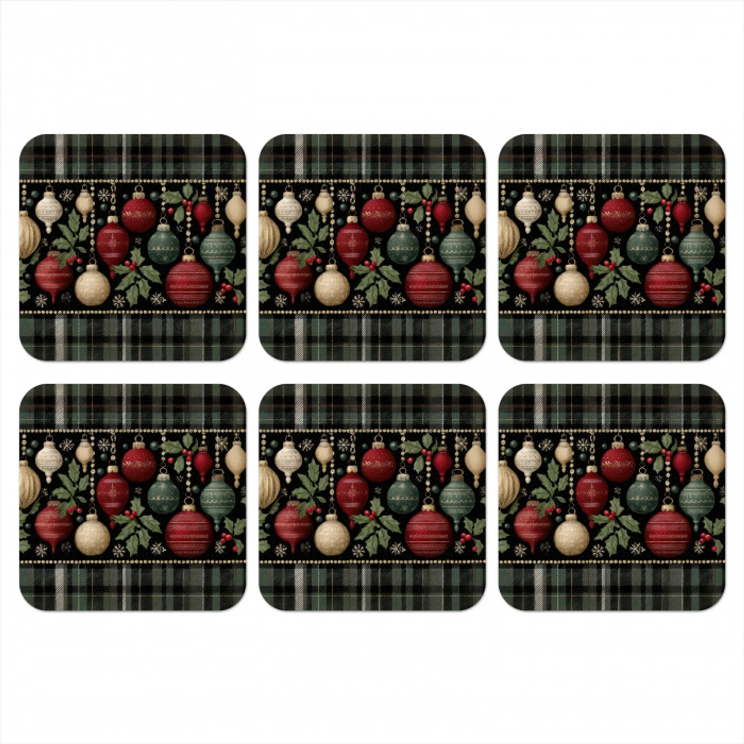 Kerstballen - Rood - Hulsttakken - Patroon onderzetter kurk middel -3d