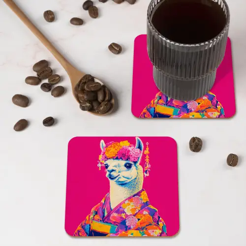 Lama - Kimono - Bloemenkrans - Felroze onderzetter kurk middel -sfeer2