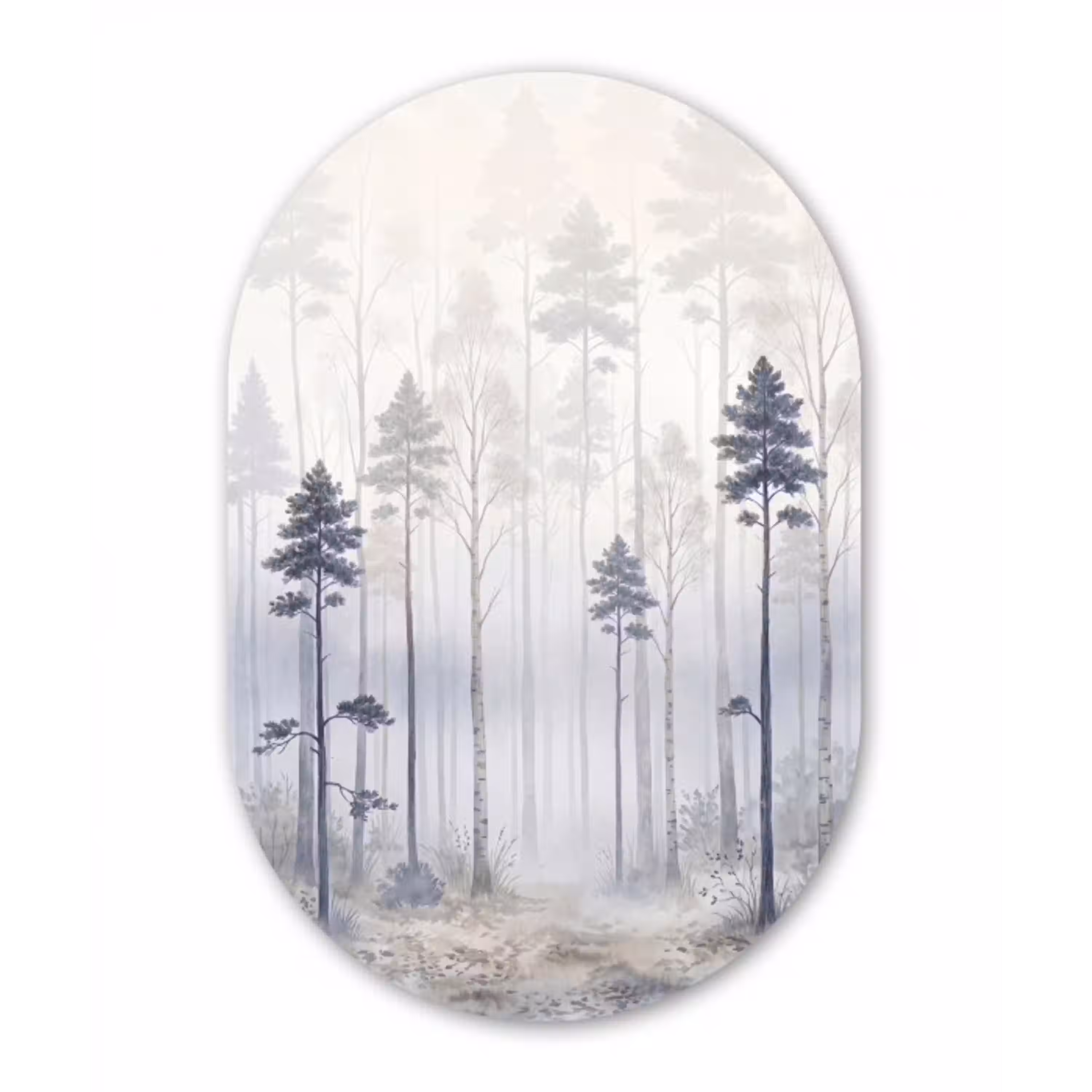 Bos - Bomen - Mist - Natuur - Illustratie - Grijs Wandcirkel Ovaal Aluminium middel -3d