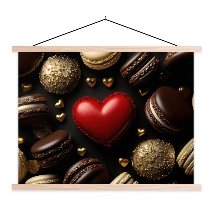 Macarons - Rood - Hart textielposter latten blank klein -3d