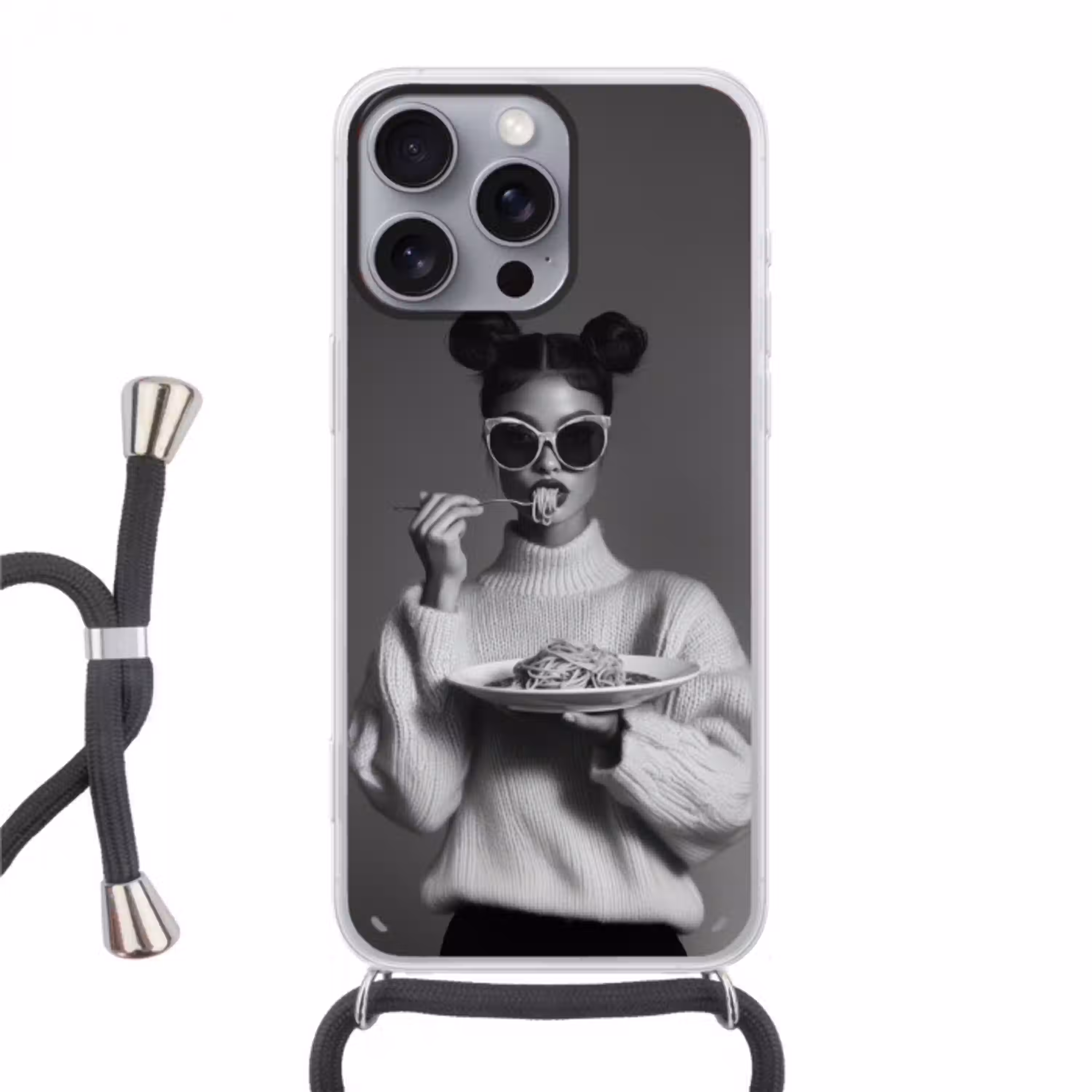 Vrouw - Pasta - Zonnebril Hoesje iPhone 16 Pro Max met koord klein -3d