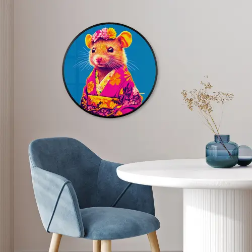 Muis - Kimono - Bloemen - Blauw Fotolijst rond zonder passe partout klein -sfeer2