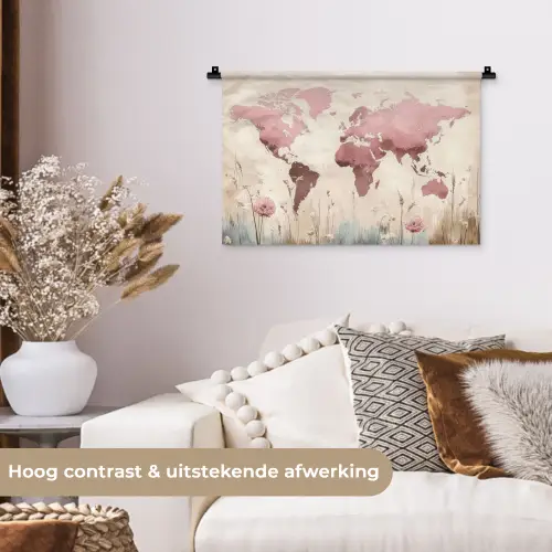 Wereldkaart - Roze - Bloemen Wandkleed katoen klein -sfeer1
