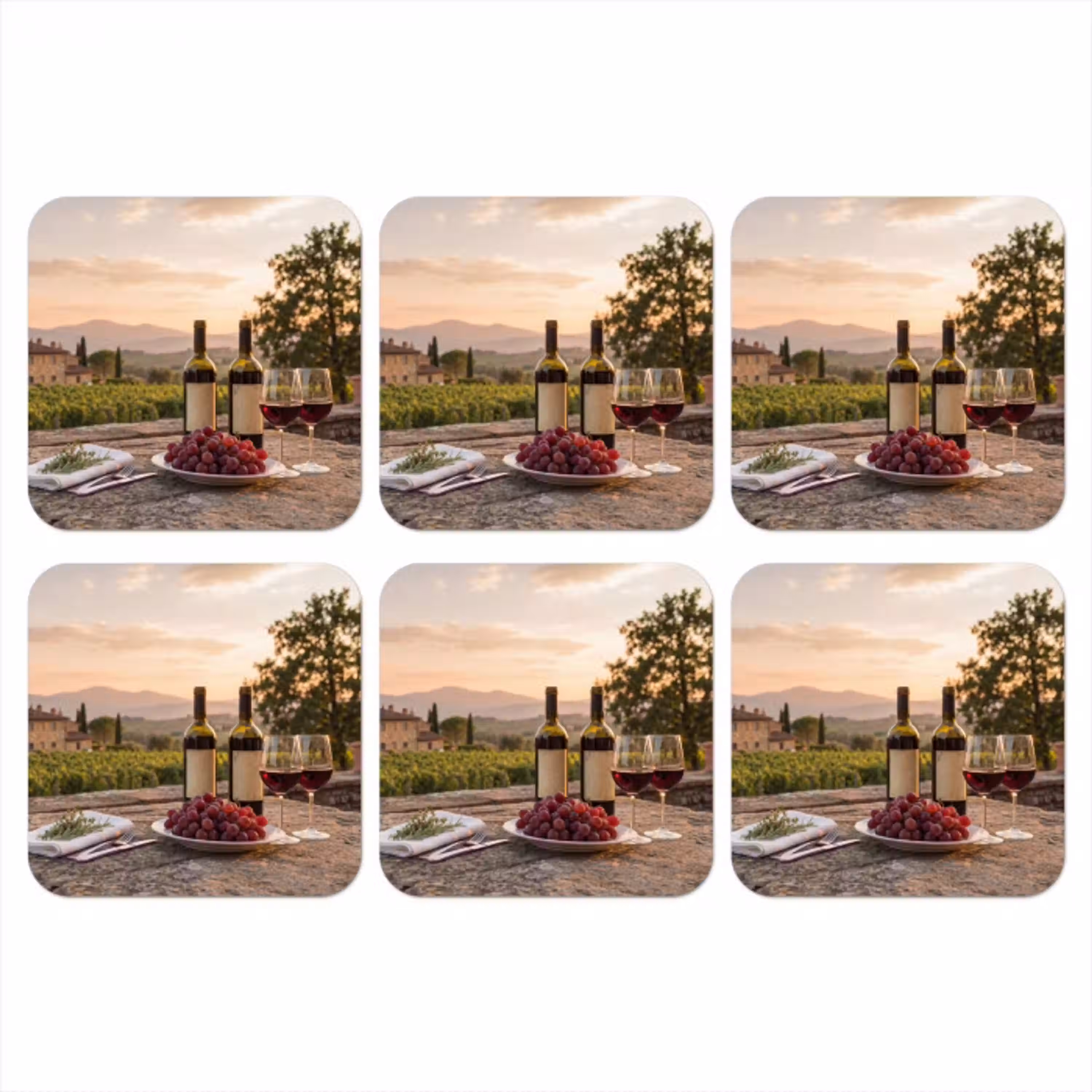 Wijn - Glazen - Druiven - Wijngaard onderzetter kurk middel -3d