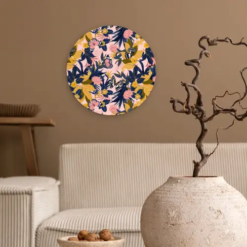 Zomer - Vlinder - Roze - Geel Wandcirkel plexiglas klein 852 -sfeer1