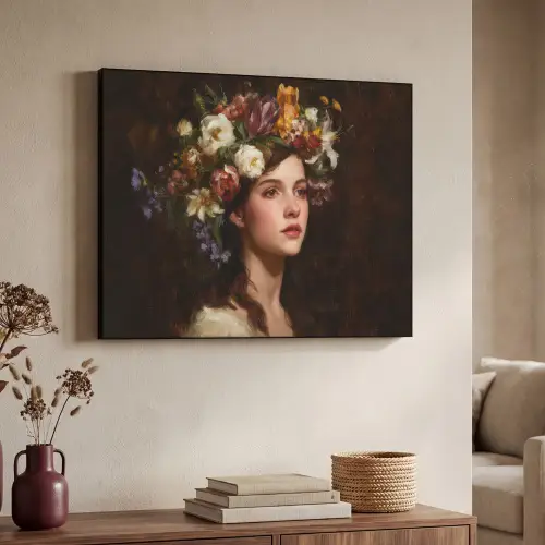 Portret - Vrouw - Bloemen Textielframe zwart klein -sfeer3