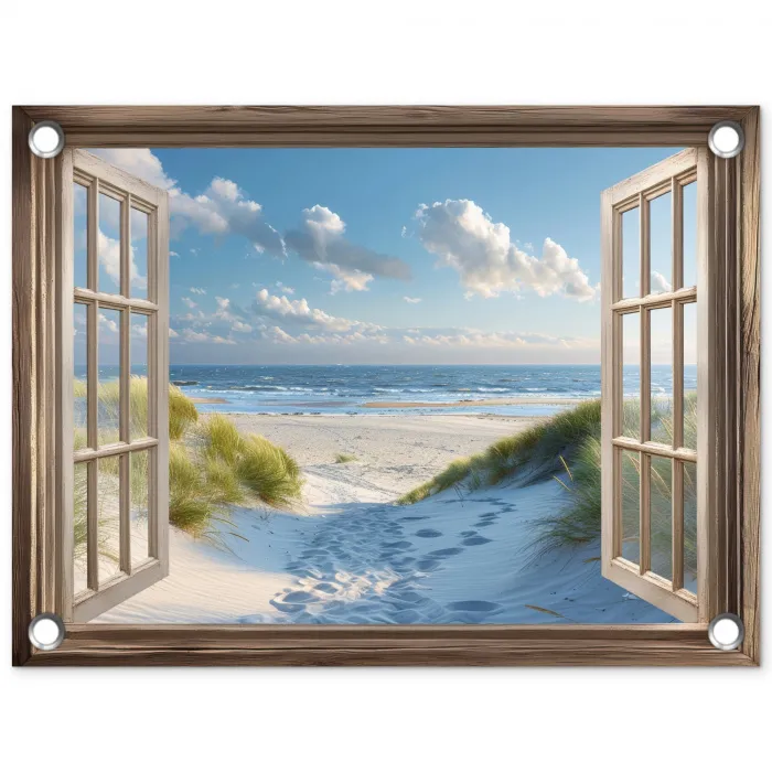 Doorkijk - Strand - Raam - Duinen - Zee tuinposter los doek klein -3d
