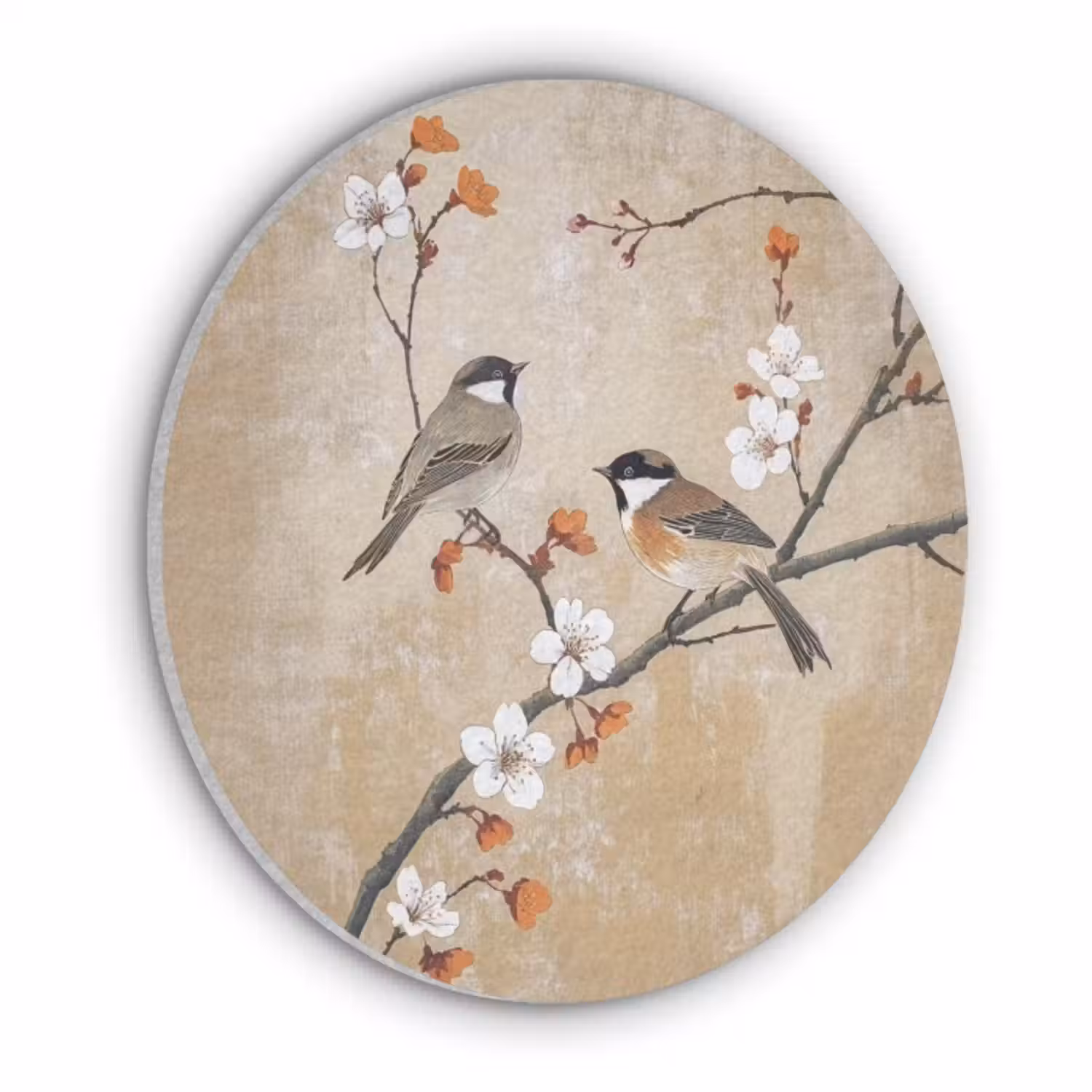 Akoestisch schilderij rond - Vogels - Bloesemtak - Bloemen - Oranje