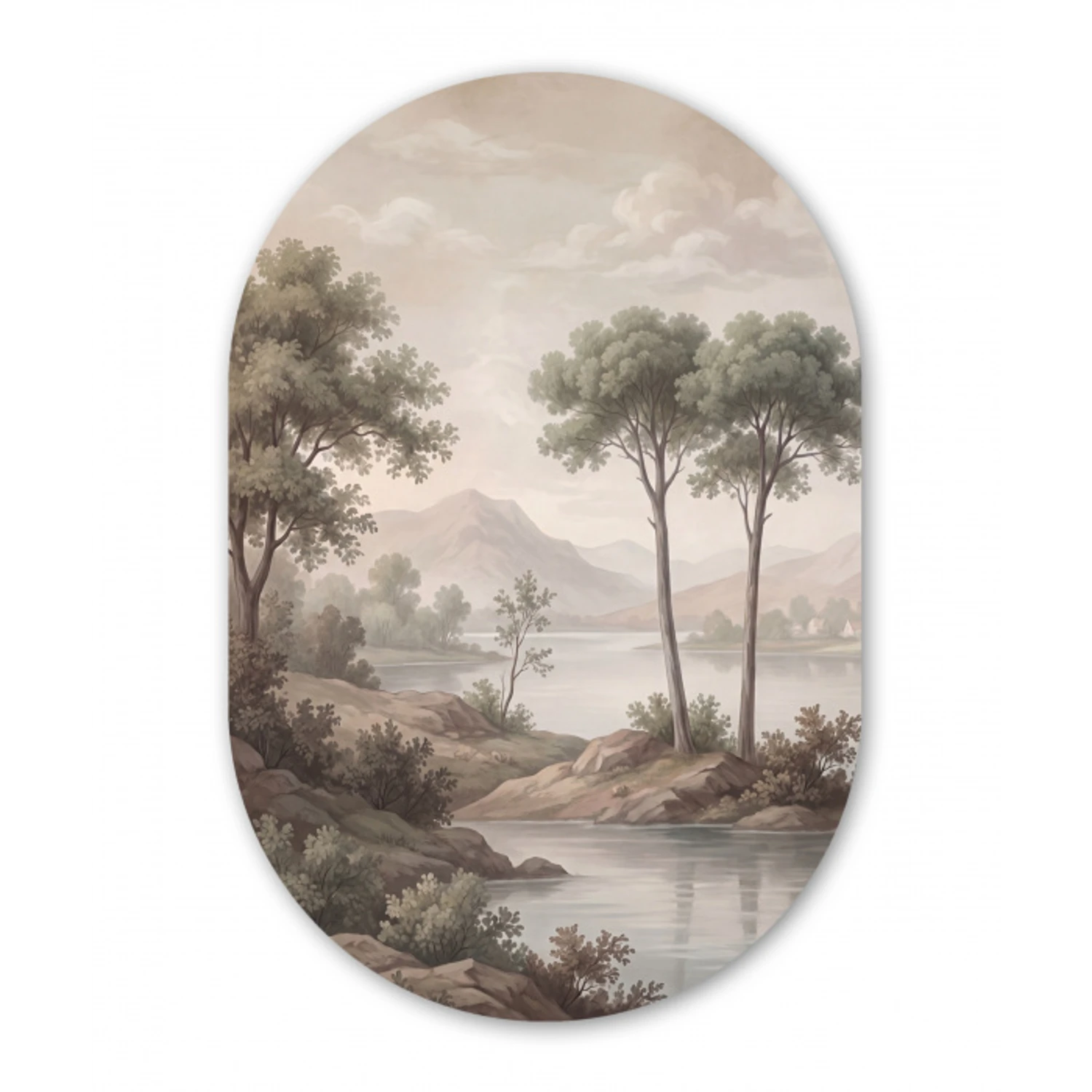 Bomen - Meer - Bergen - Illustratie Wandcirkel Ovaal Forex klein -3d