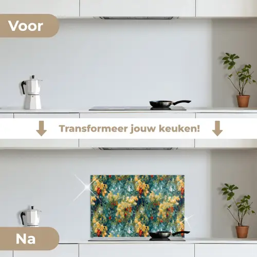 Geel - Bloemen - Groen - Bladeren keuken achterwand spatscherm klein 900 -voor_na_NL