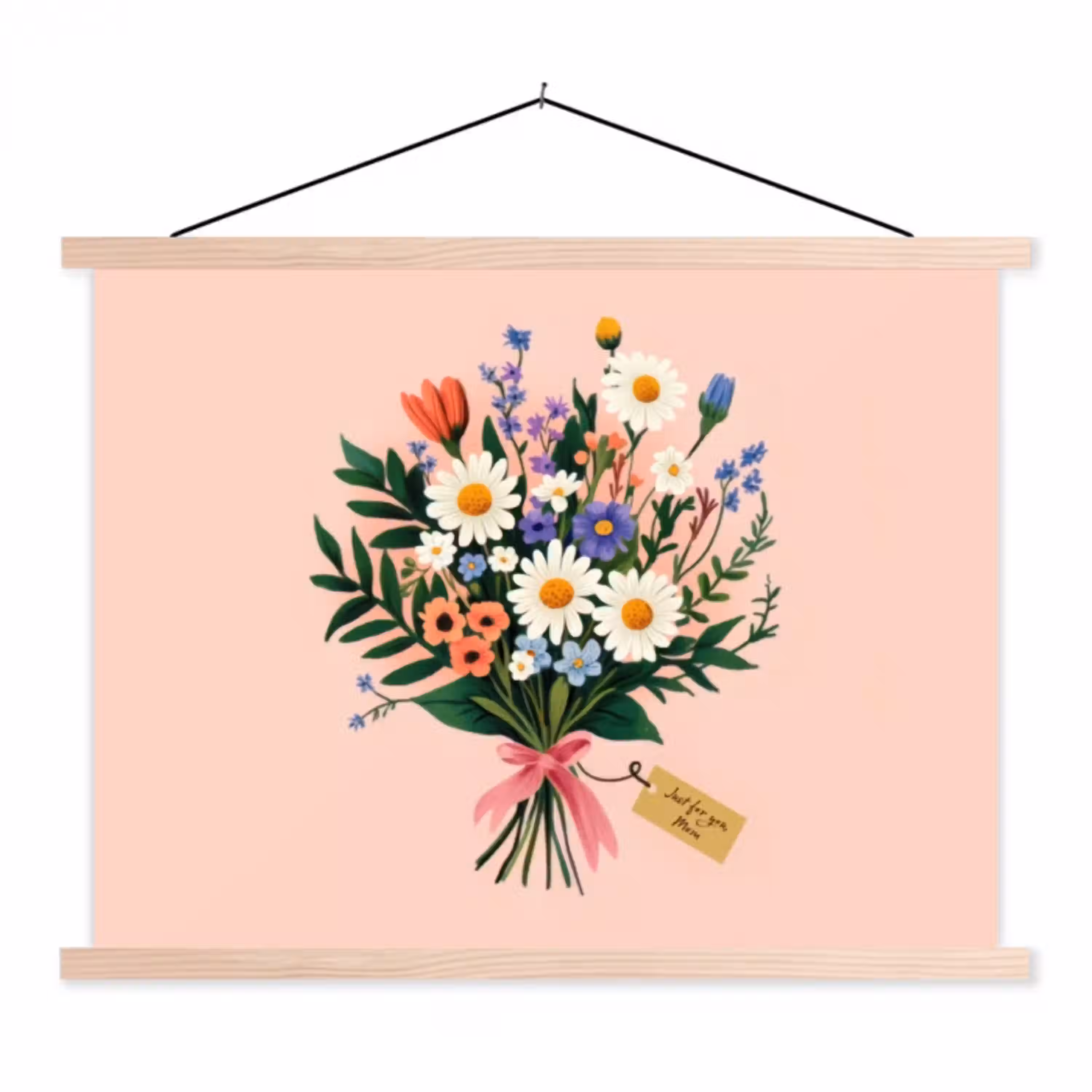 Margrieten - Boeket - Strikje - Roze textielposter latten blank klein -3d