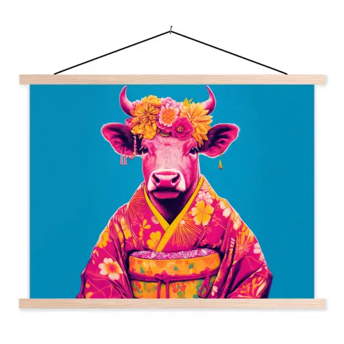 Koe - Bloemenkrans - Oorhangers - Kimono textielposter latten blank klein -3d