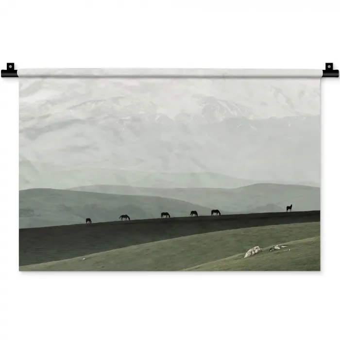 Grijs - Berg - Paarden Wandkleed katoen klein -zz3d