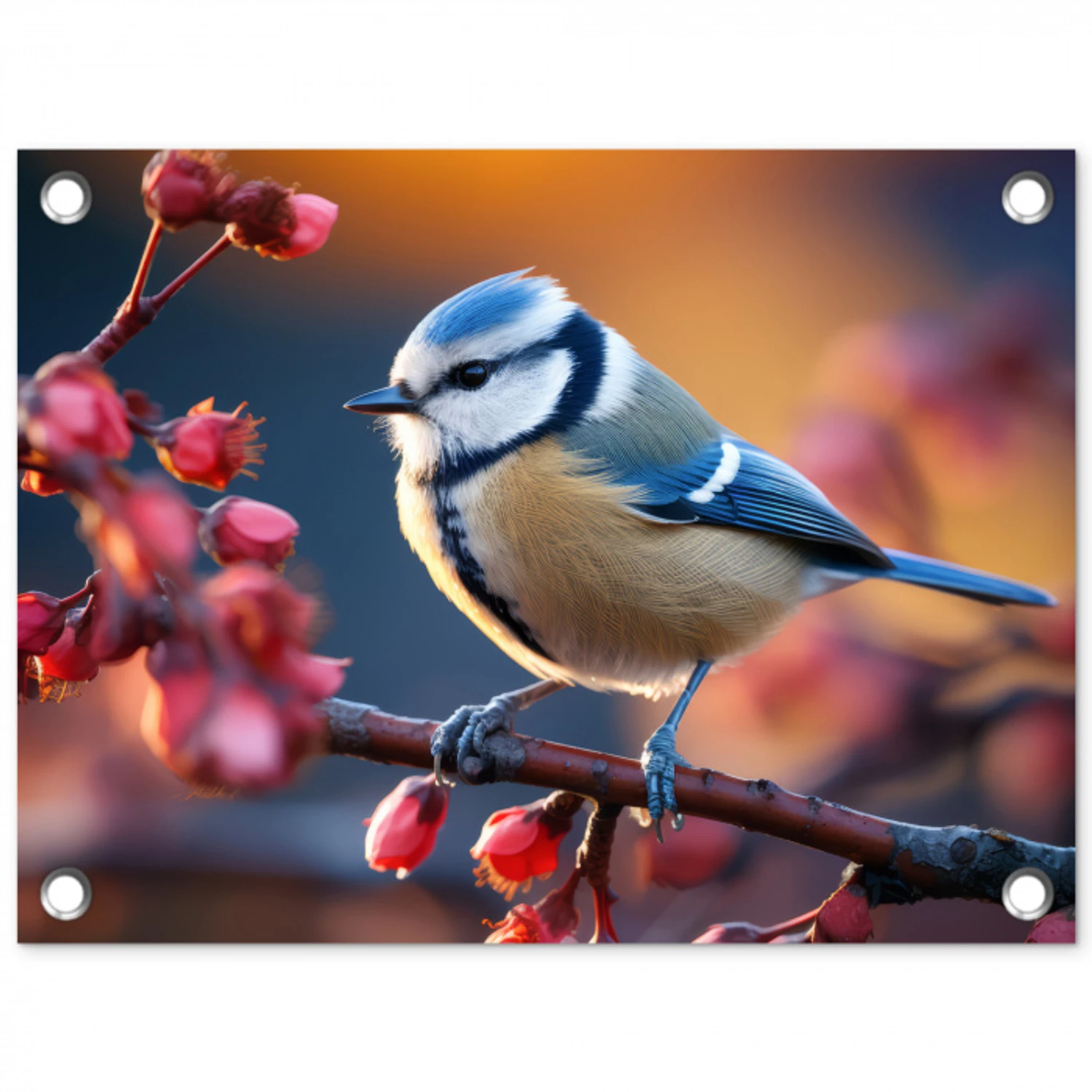 Pimpelmees bij Bloesems tuinposter los doek klein -3d