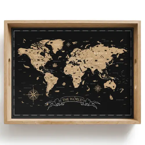 Wereldkaart - Beige - Zwart Dienblad Rechthoek middel -z3d_shopping