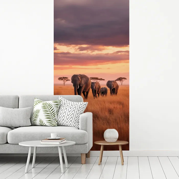 Groep olifanten - Open vlakte - Zon fotobehang vinyl groot -woonkamer