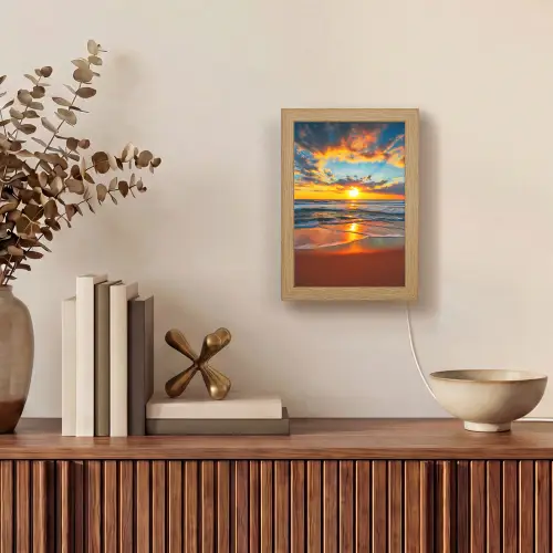 Zee - Zonsondergang - Strand - Wolken - Oranje Light Box met kabel (Tafellamp) klein -sfeer2