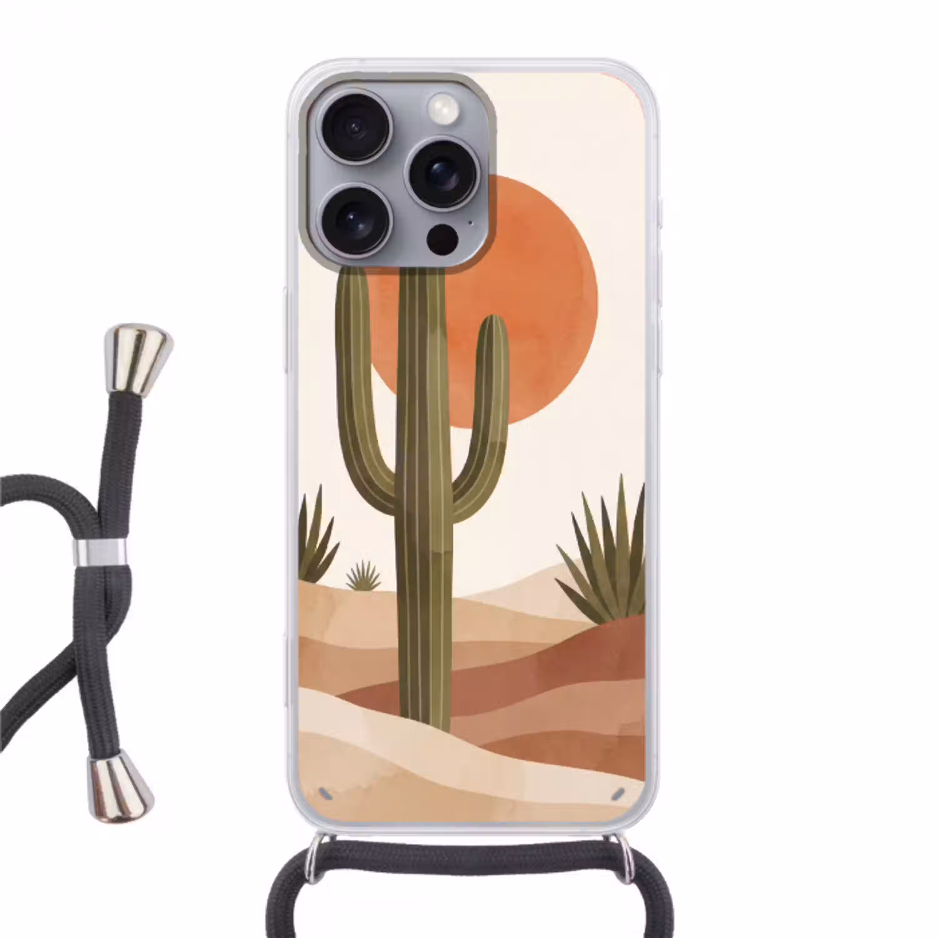 Cactus - Duinen - Modern - Landschap - Groen Hoesje iPhone 16 Pro Max met koord klein -3d