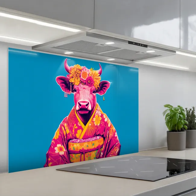 Spritzschutz Küche - Kuh - Blütenkranz - Ohrringe - Kimono