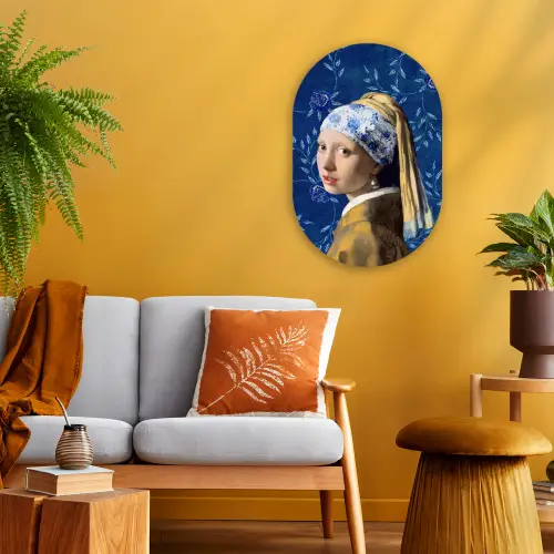 Meisje met de parel - Delfts blauw - Vermeer - Bloemen - Schilderij - Oude meesters Wandcirkel Ovaal Forex klein -sfeer4