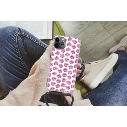 Lippen - Patroon - Roze - Wit Hoesje iPhone 12 Pro met koord klein -hand