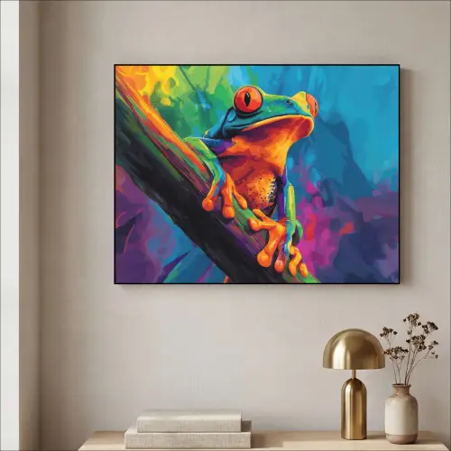 Kikker - Felgekleurd - Tak - Regenboog Textielframe zwart klein -sfeer2