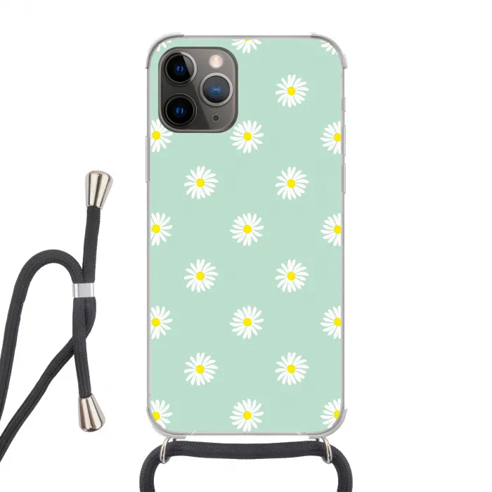 Madeliefjes - Pastel - Wit - Groen - Bloemen patroon Hoesje iPhone 12 Pro met koord klein -3d