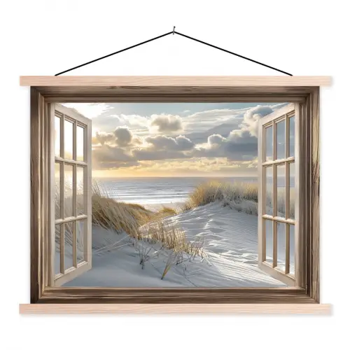 Doorkijk - Strand - Duinen - Zee - Natuur textielposter latten blank klein -3d