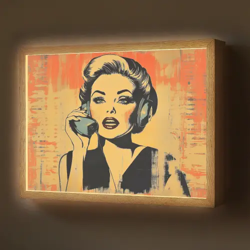 Retro - Vrouw - Koptelefoon - Oranje Light Box met batterij (Wandlamp) middel -z3d_website