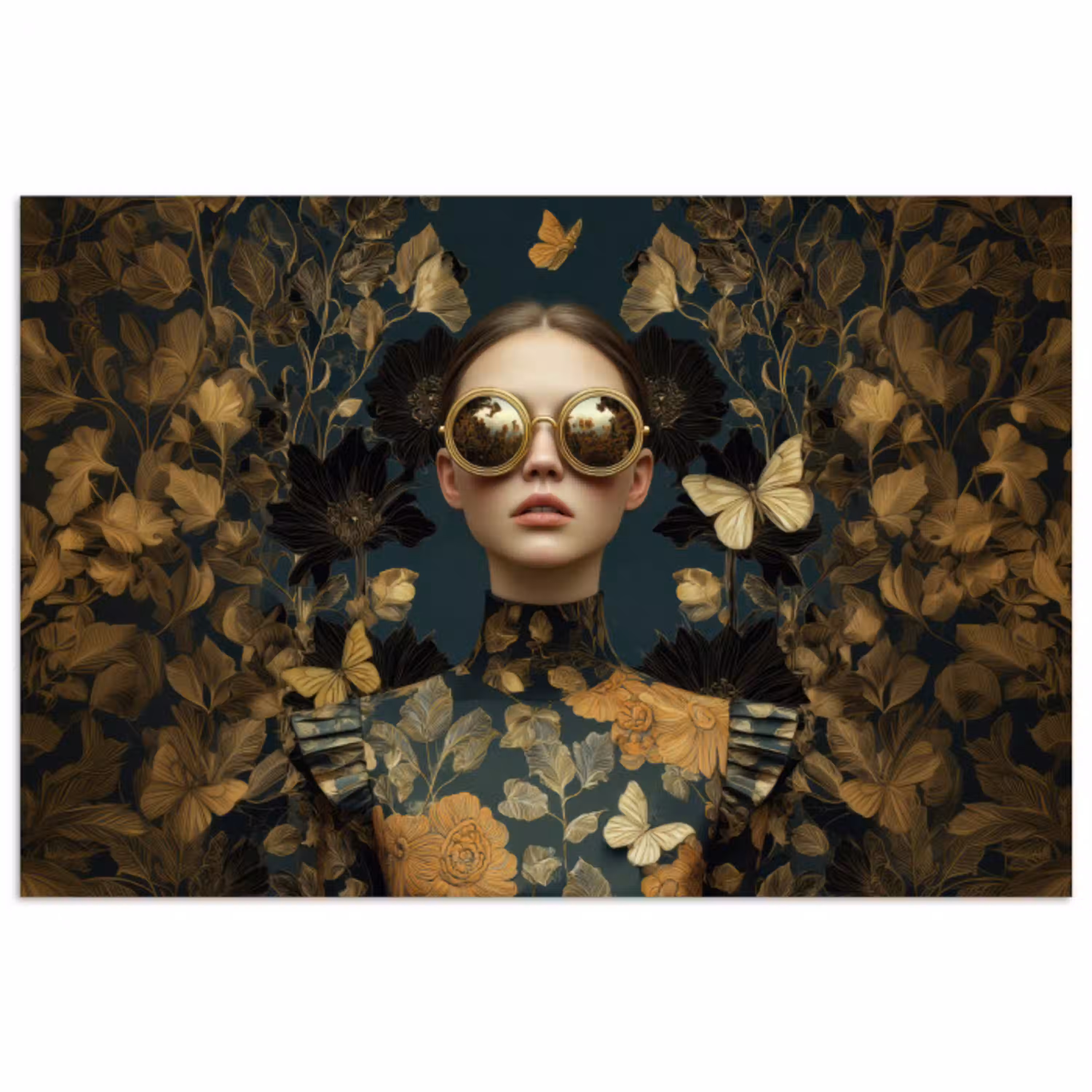 Vrouw - Bladeren - Goud - Vlinders poster papier klein -3d