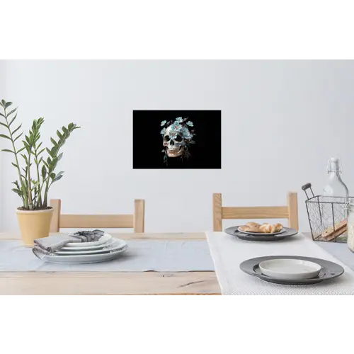 Schedel - Blauw - Bloemen - Bladeren Muursticker klein -eettafel