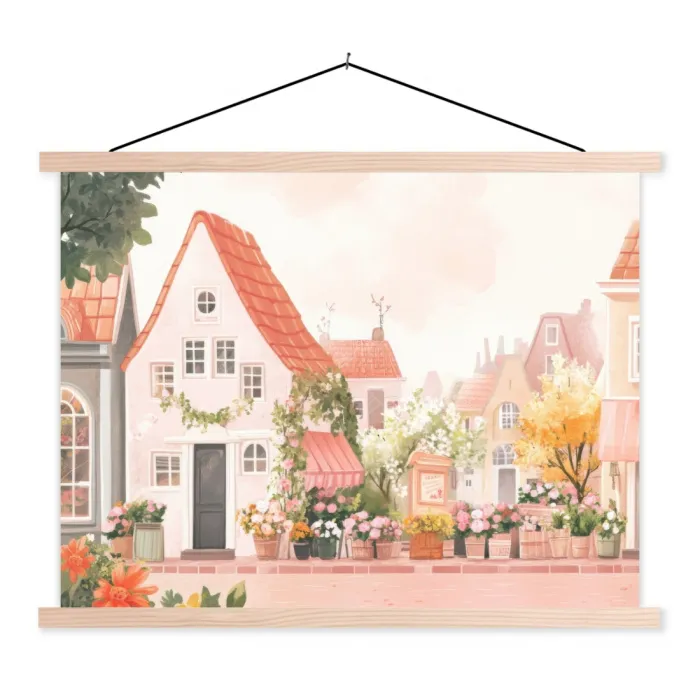 Bloemen - Huizen - Dorp textielposter latten blank klein -3d