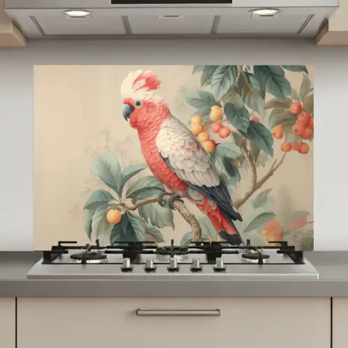 Roze kuifkaketoe - Tak met vruchten - Bladeren keuken achterwand spatscherm klein -3d_website