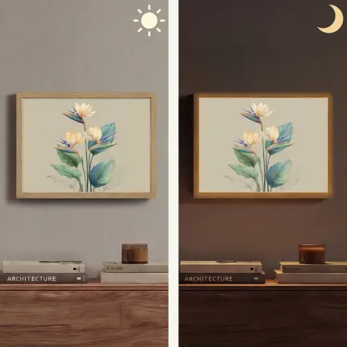 Paradijsvogelbloemen - Blauwgroene bladeren - Beige Light Box met batterij (Wandlamp) middel -sfeer3
