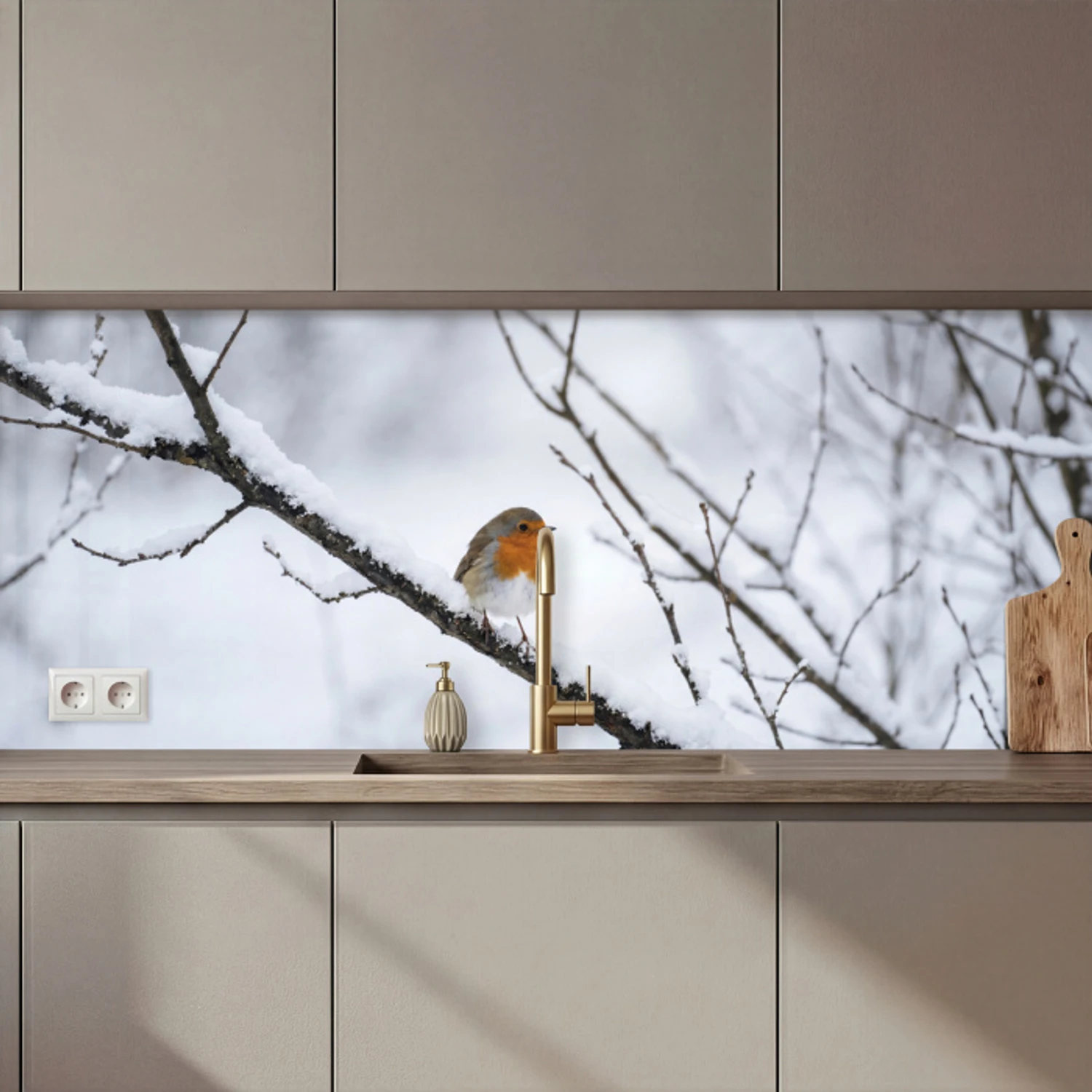 Roodborstje - Tak - Sneeuw - Winter - Levendig keuken achterwand 2 middel zz_3dshopping