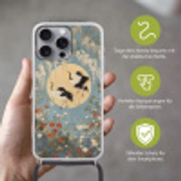 Kraanvogels - Maan - Bloemen - Blauw Hoesje iPhone 16 Pro Max met koord klein -sfeer2_DE