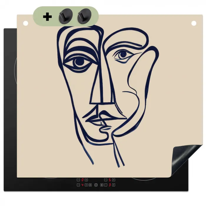 Minimalistisch - Lijnillustratie - Beige - Donkerblauw Inductie beschemer met haakjes middel -3d