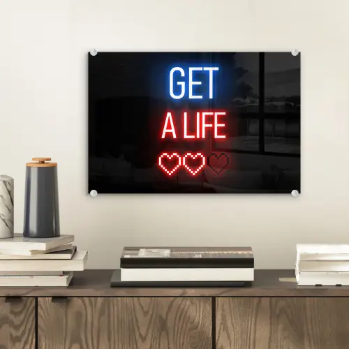 Gaming - Tekst - Get a life - Neon - Zwart plexiglas 5mm klein -sfeer1